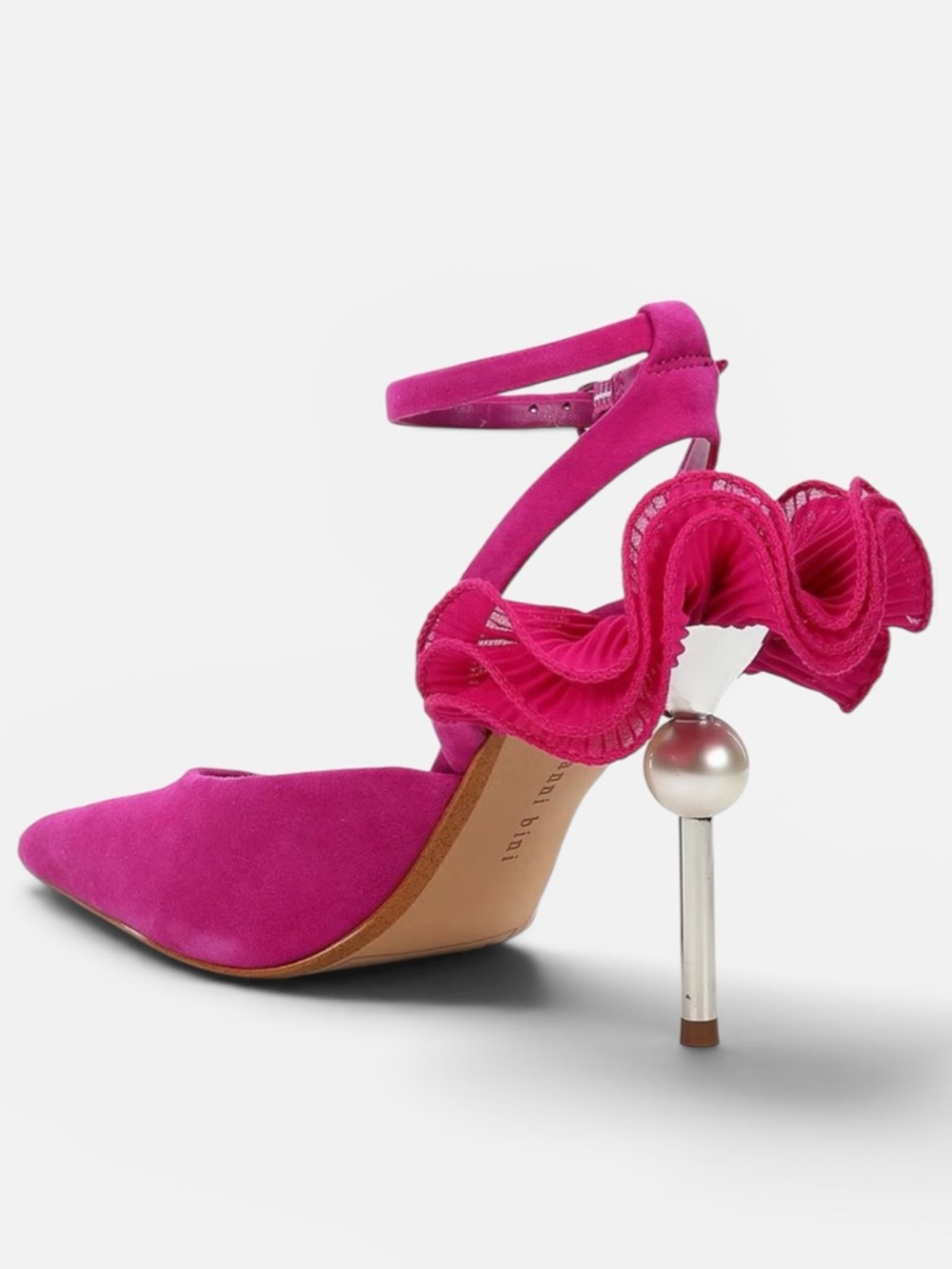 Gianni Bini Pink Suede Pointed Ankle-Strap Pump with Ruffle Pearl Heel $159 - Picture 4 of 7
